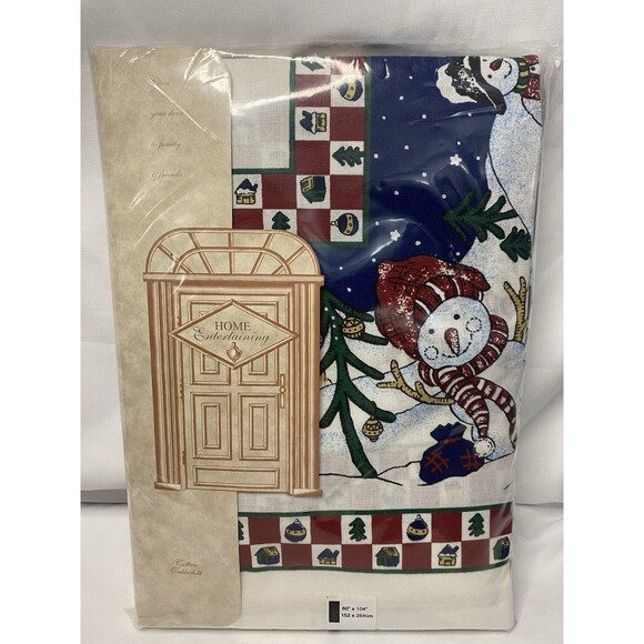 Tablecloth Blue Snowtown Snowman Village Cotton Vtg Karsten TerriSol 60 X 104 - Picture 1 of 5